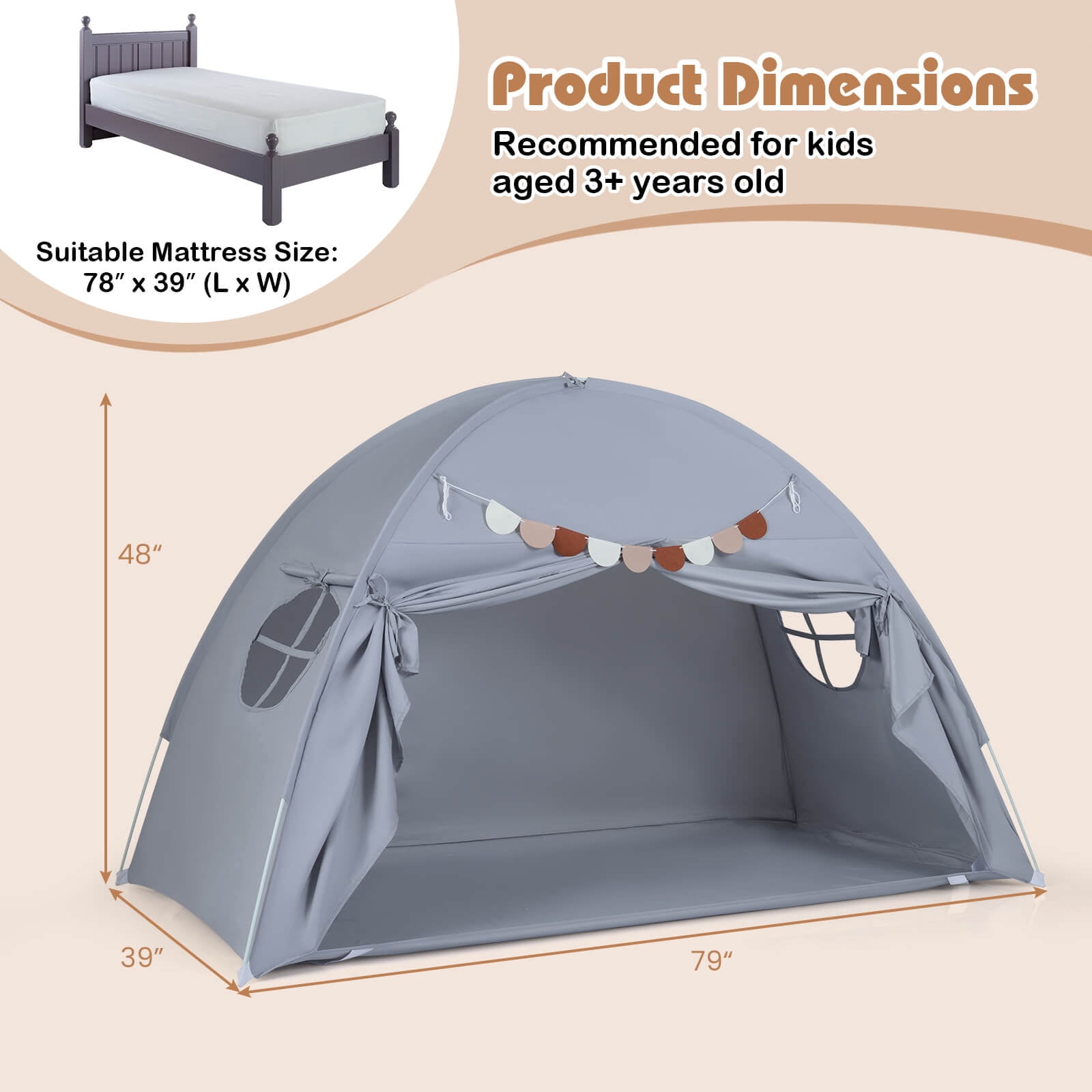 Infans Twin Full Size Bed Tent w/2 Windows, Flags for Boys & Girls Aged 3+ Years Old