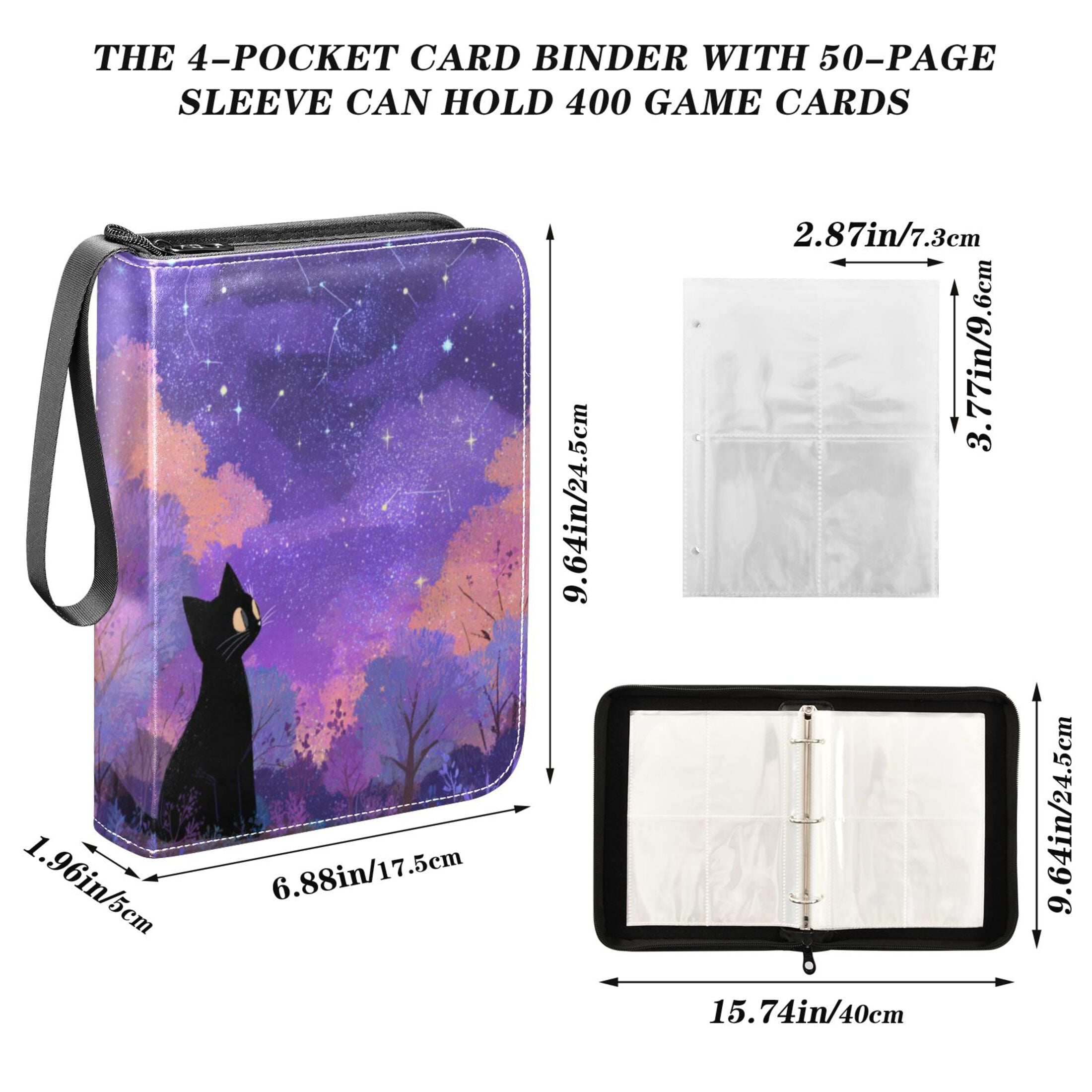 Game Card Storage Bag Collectible Trading Card Albums The 4-Pocket Card Binder With 50-Page Sleeve Can Hold 400 Game Cards Black Cat Cute