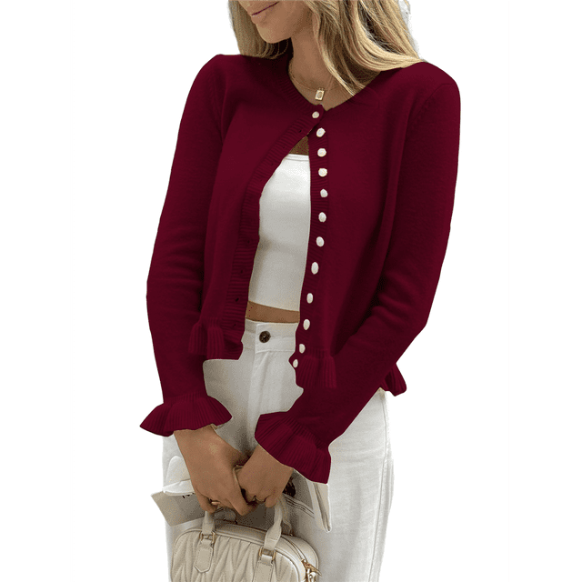 Womens Button Down Cardigan Sweaters Light-Weight Long Sleeve Crew Neck Summer Knit Open Front Tops Wine Red S