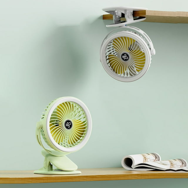 Ventilador de clip recargable USB con luz LED • 3 velocidades y giro de 720° • Ventilador portátil de escritorio para el hogar y la oficina • Blanco o verde