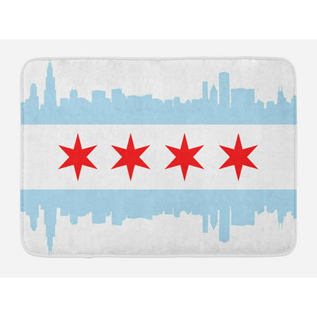 Chicago Skyline Bath Mat, City of Chicago Flag with High Rise Buildings Scenery National, Non-Slip Plush Mat Bathroom Kitchen Laundry Room Decor, 29.5 X 17.5 Inches, Red White Baby Blue,