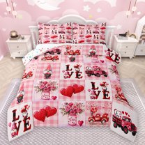 Manfei Cute Cartoon Gnome Queen Comforter Set,Valentines Rose Flowers Bedding Sets,Pink Patchwork Check Bedding Comforter Set For Girl,Breathable Home Decor Reversible,3 Pieces