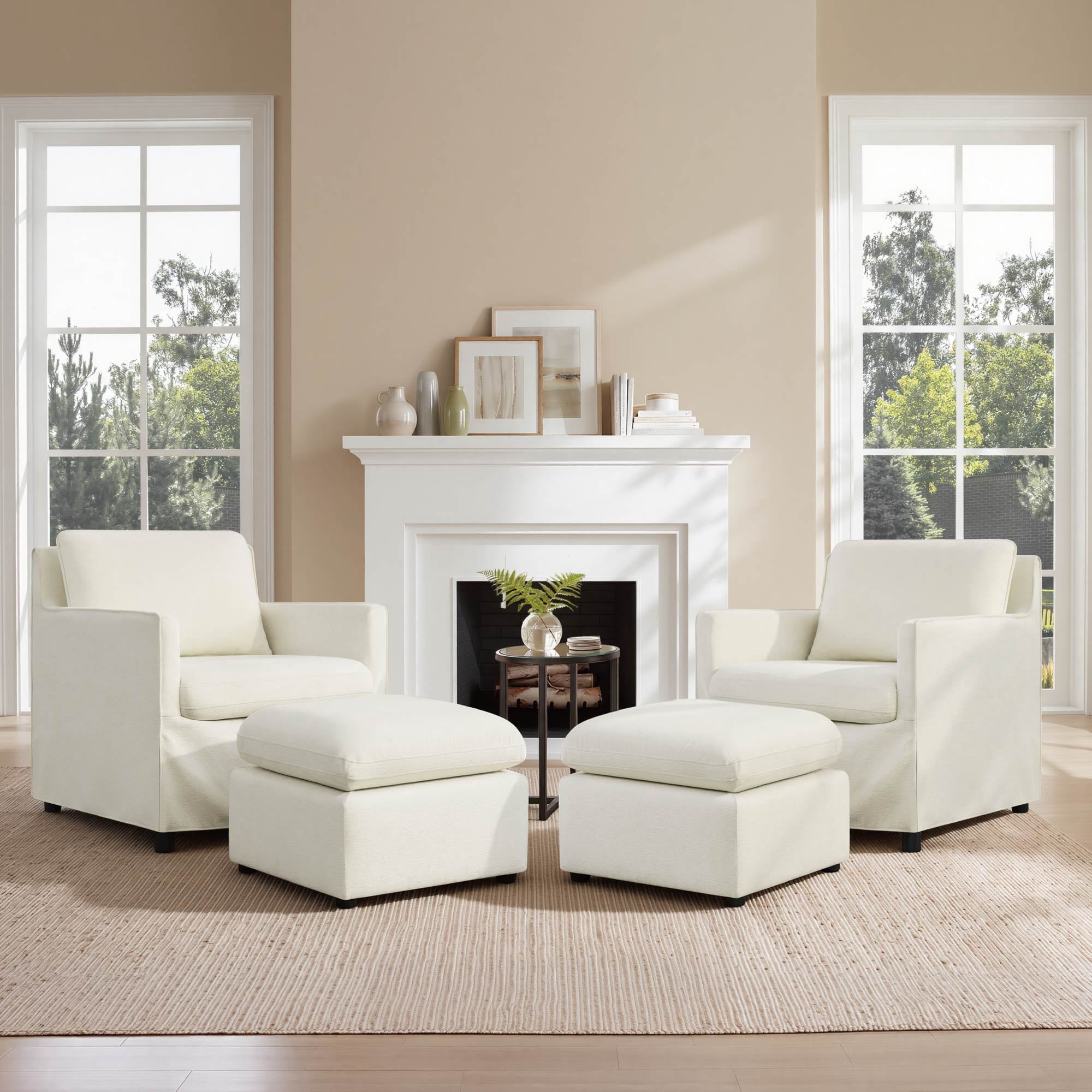 Spruce & Spring Upholstered Ottoman Footstool with Padded Cushion for Living Room and Bedroom, Cream White