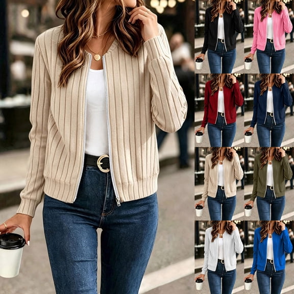 JPVDPA Womens Zip Up Cardigan Sweaters Lightweight Sweater Jacket Knitted Long Sleeve Cropped Bomber Jackets White L