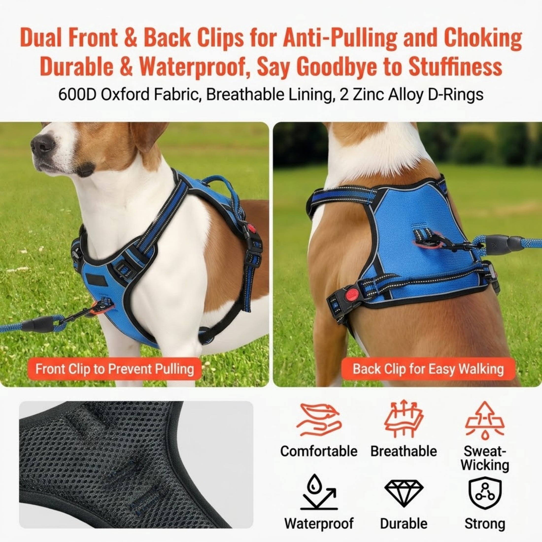Dog Harness for Large Dogs, No Pull Adjustable Dog Vest Pet Harness, with 5ft Leash, Handle, Metal Rings, Buckles, Reflective Stitching 600D Oxford Fabric, for Training, Walking, and Hiking