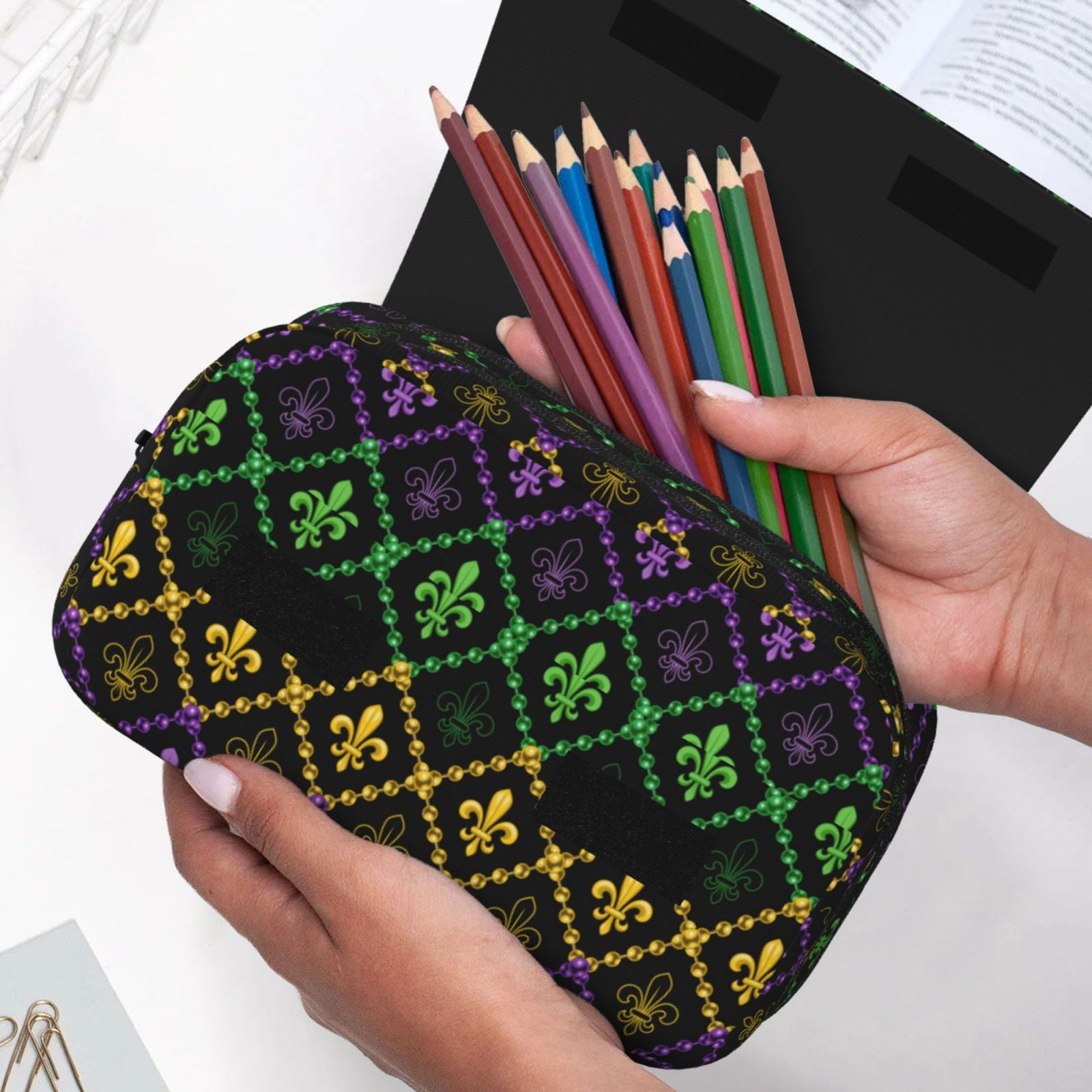 Rateoe Mardi Gra Geometric Pattern Double Clamshell Pen Case, Storage Organizer with Two Zipper Compartments– Holds Up to 50 Pencils & Pens