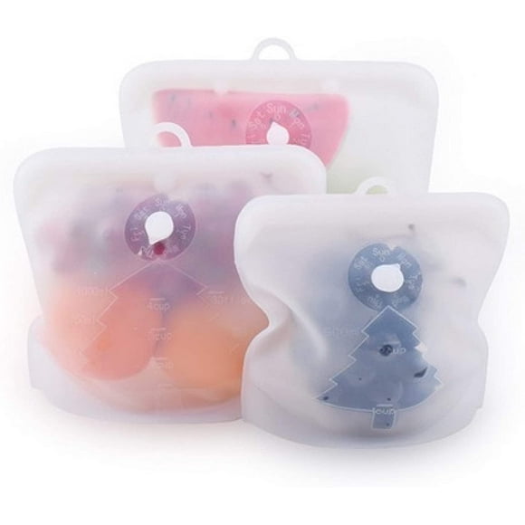 Reusable Food Storage Bags, 100% Food Grade Silicone, Cook, Store, Microwave and Freezer Safe, Set of 3, 16oz+32oz+48oz Size