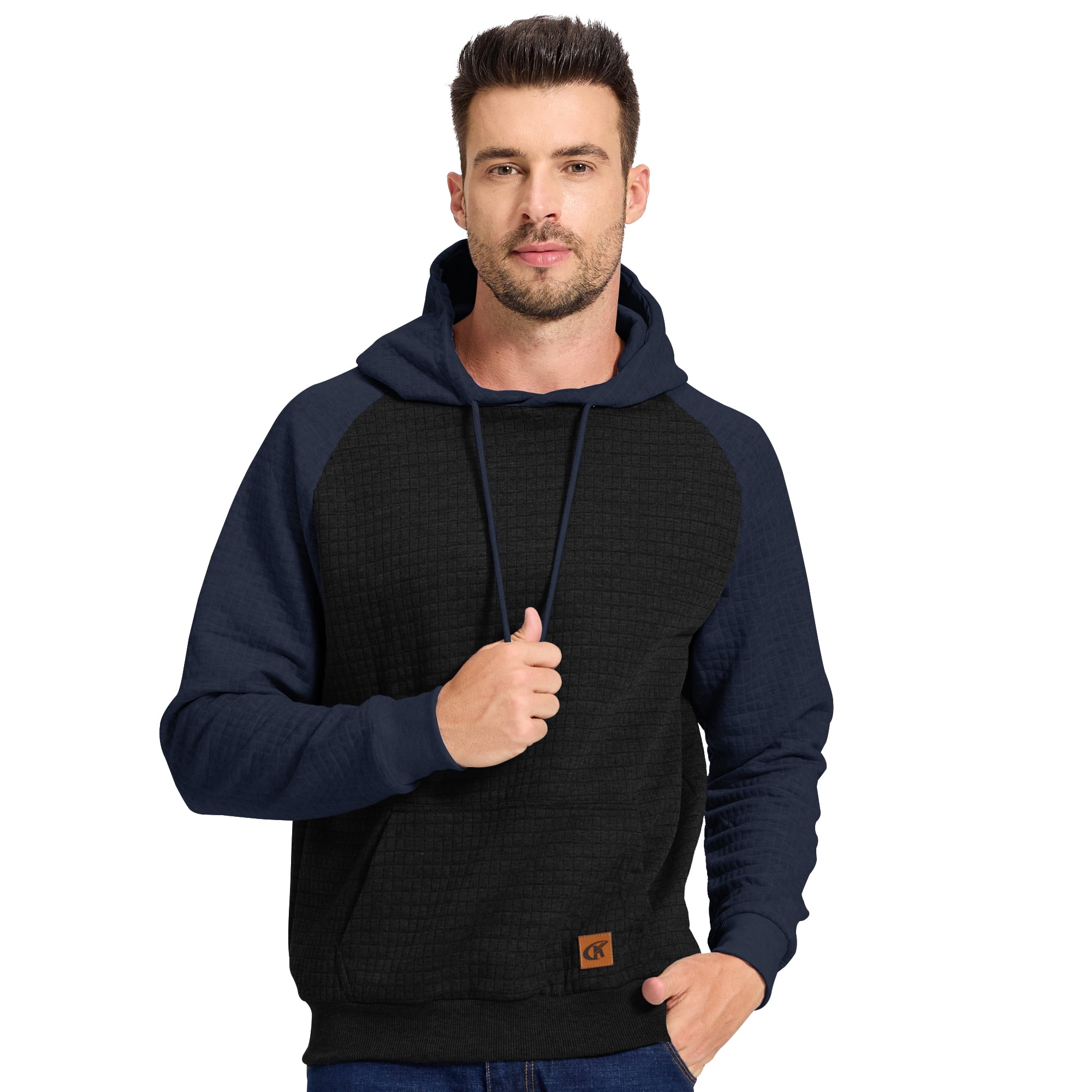 Satankud Men's Pullover Hoodies Plaid Jacquard Color Block Long Sleeve Casual Hooded Sweatshirts with Kanga Pockets Black/Indigo 2XL