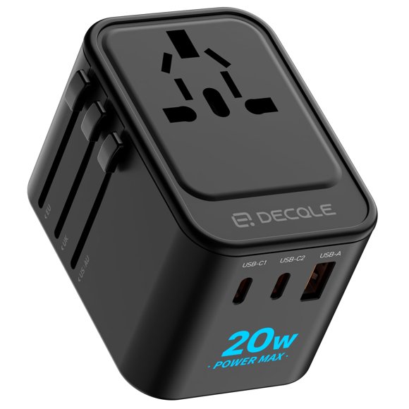Adaptador de viaje decable universal con 2 USB-C (PD de 20 W) y 1 USB-A