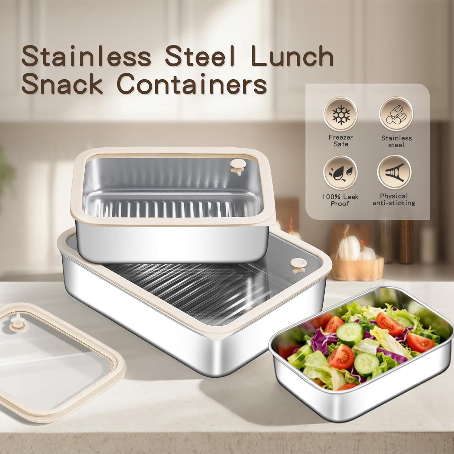 3-Pack Extra Thick 304 Stainless Steel Storage Containers Set, Non-Stick Bottom Food Storage Boxes with Airtight Glass Silicone Lids, Stackable Kitchen Organizers for Meal Prep & Pantry Storage