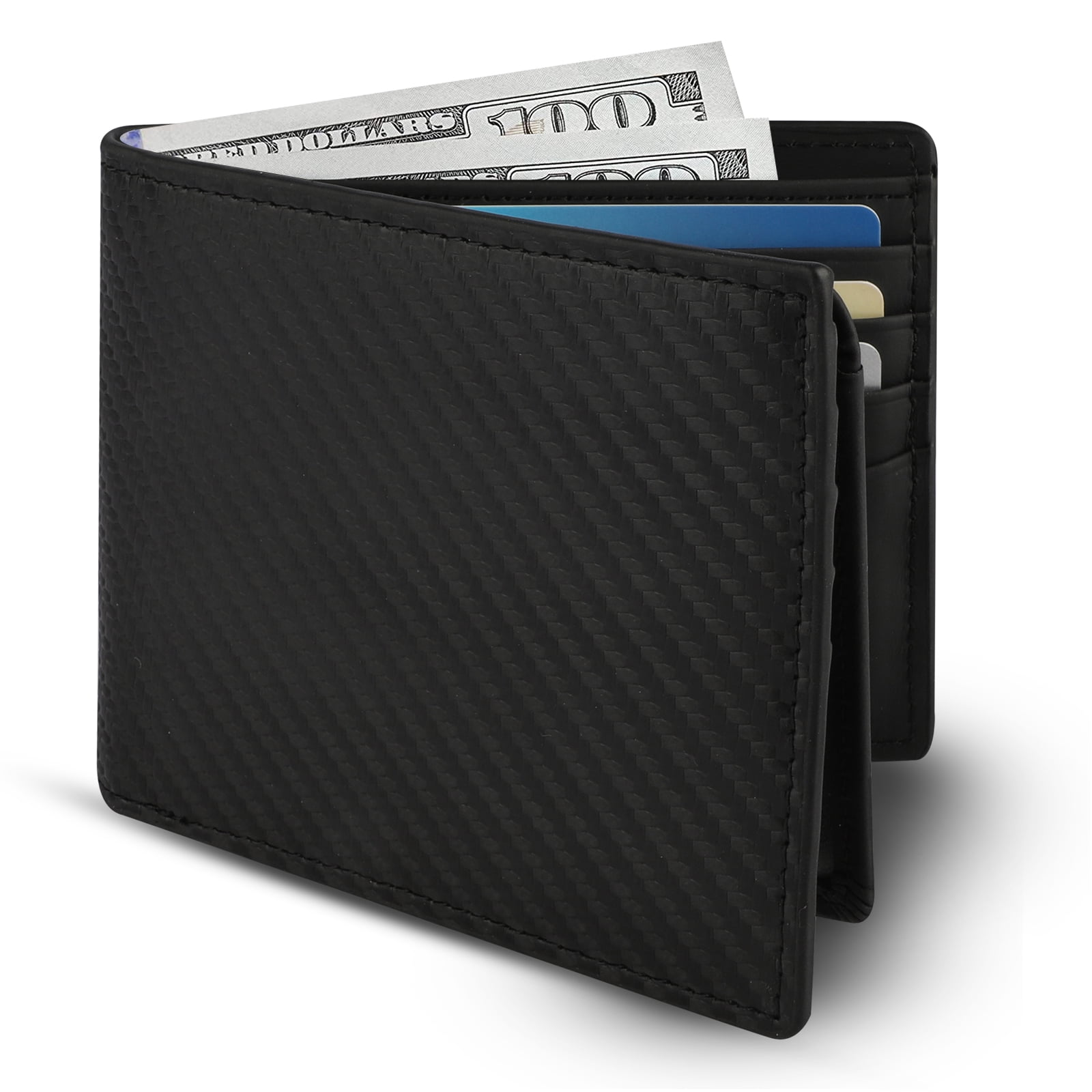 RFID Blocking Genuine Leather Wallet, TSV Bifold Classic Mens Wallet, Slim Genuine Leather Pocket Wallets, Carbon Leather Trifold Wallet for Men, Minimalist Mens Card Holder, Black