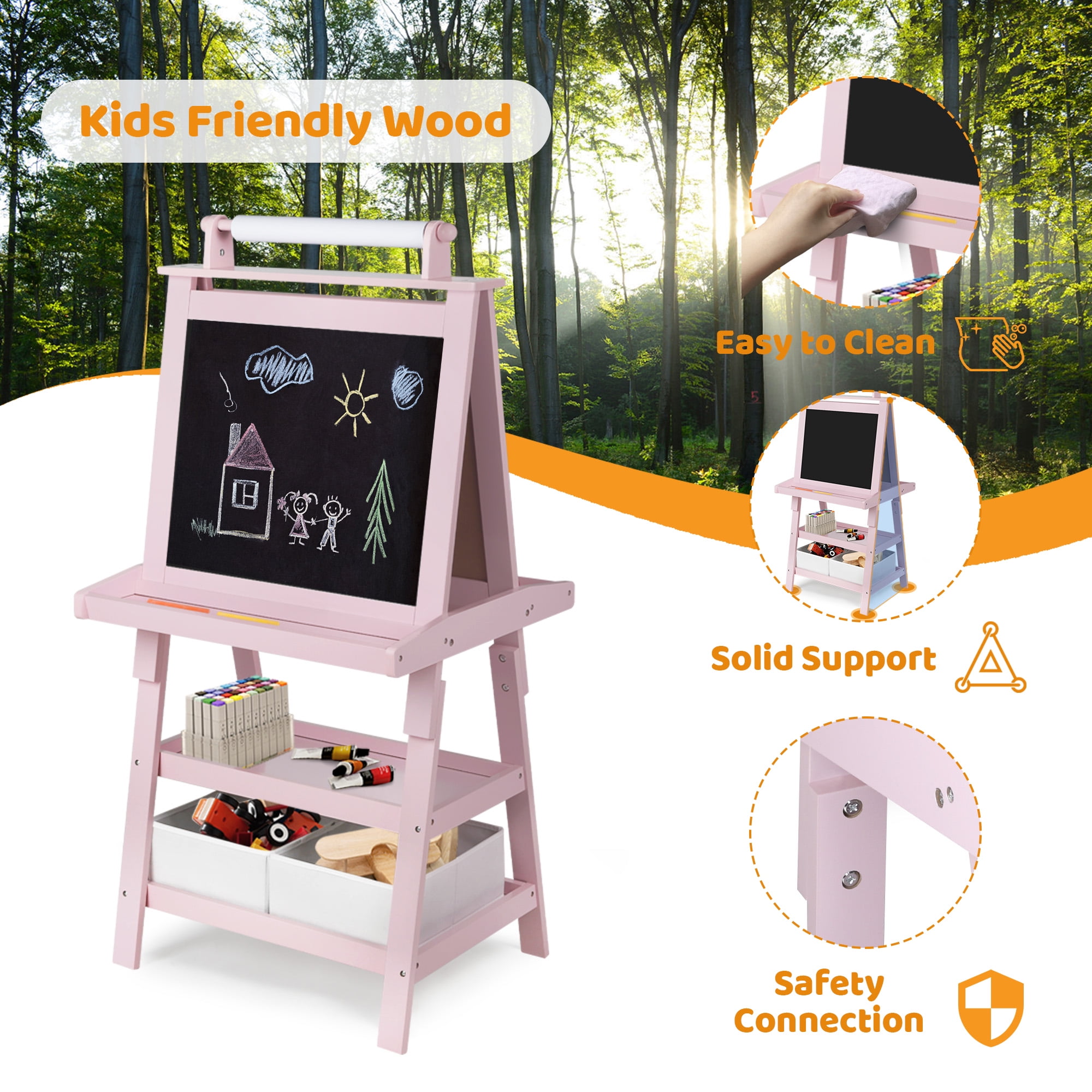 AILEEKISS 3 in 1 Kids Art Easel Double-Sided Magnetic Whiteboard Chalkboard with Paper Roller, Pink
