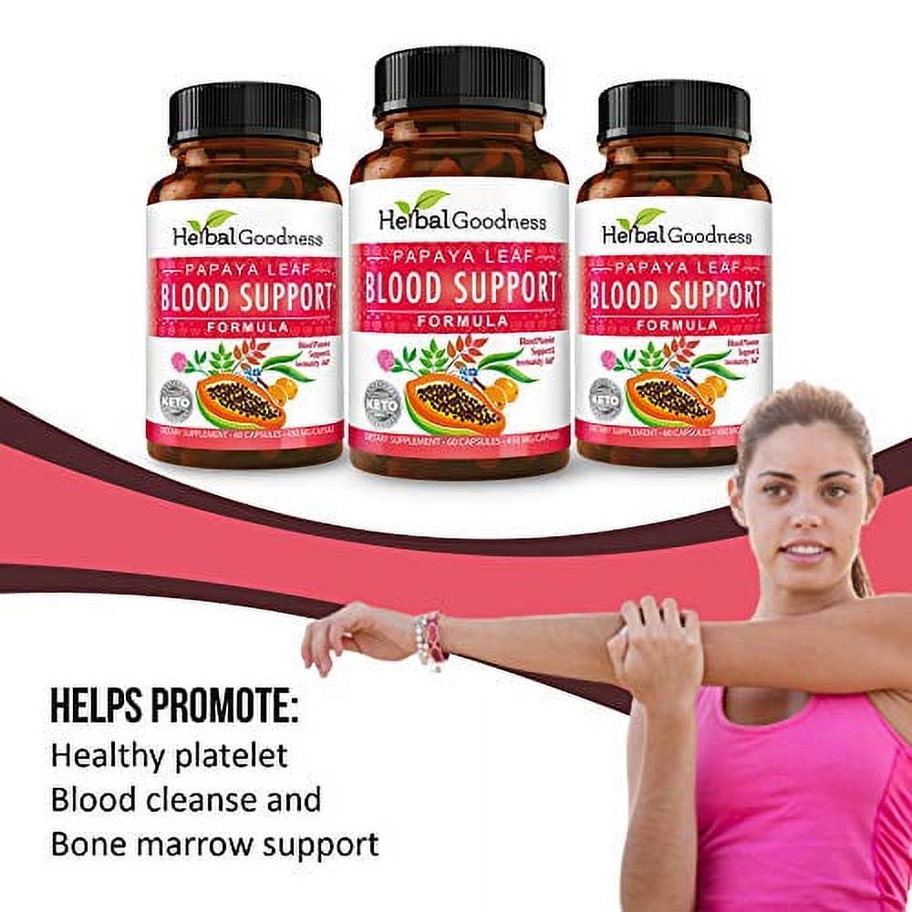 Papaya Leaf Blood Support Formula, Blood Platelet Cleanse and Detox, Digestive Enzymes, Bone Marrow Support, 60/450mg Capsules, Herbal Goodness
