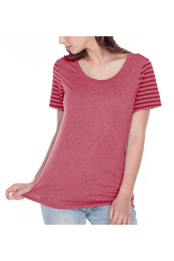 ! Women Striped Jersey Multi Contrast Short Sleeve Striped Heather/Cardinal M