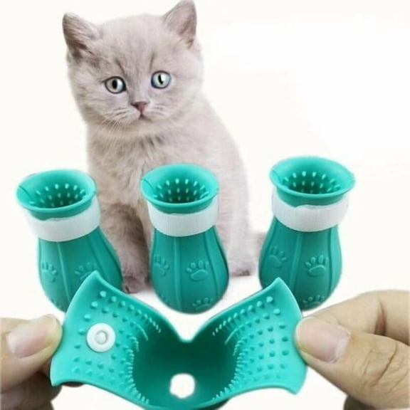 4Pcs Cat Anti-Scratch Boots, Silicone Beauty and Soft Bath Foot Cover, Adjustable Cat Claw Protector Shoes, Suitable for Home Bathing (Blue)