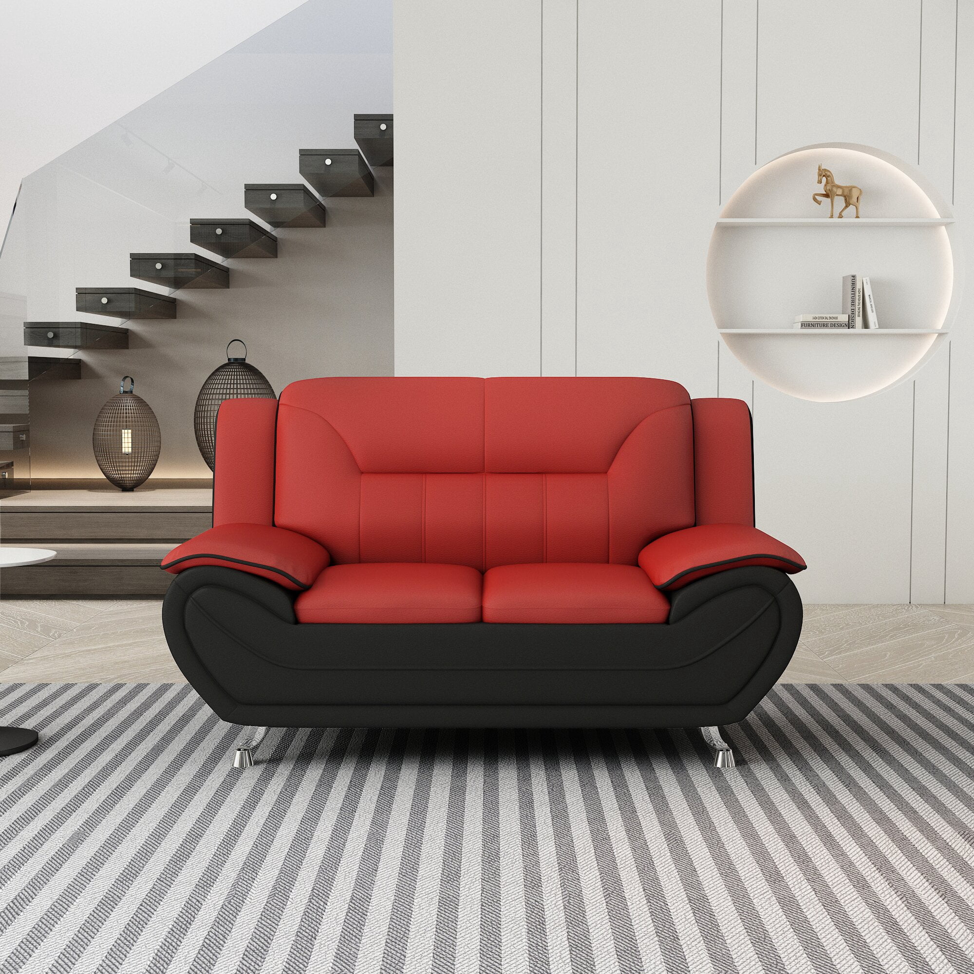 US PRIDE FURNITURE Eveland 61.3" Faux Leather Pillow Top Arm Loveseat-Red/Black