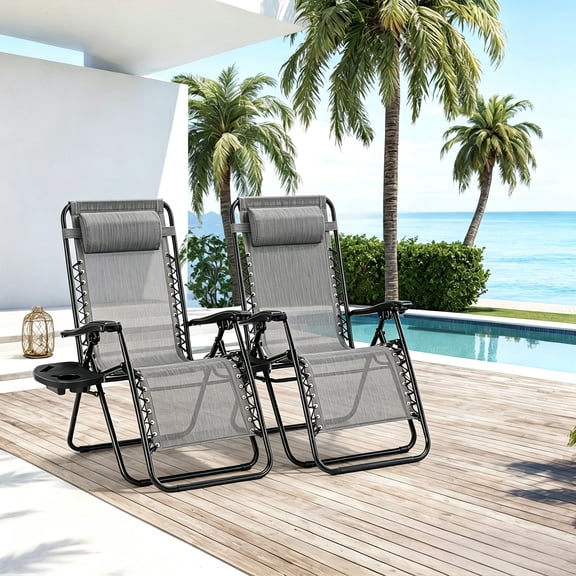 Buteny Zero Gravity Chairs, Set of 2 Portable Recliner Beach Camping Patio Outdoor Folding Lounge Chair with Cup Holder Trays and Adjustable Pillow