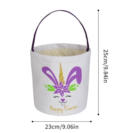 Easter Bunny Basket Easter Bucket Egg Hunt Basket For Kids, Canvas Rabbit Print Basket W. Fluffy Tail, Candy Egg Toy Easter Basket Tote W. Handle (Pink New Blue New