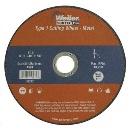 UPC: 0012382562823 | Weiler Large Type 1 Reinforced Wheel  6 in Dia  .04 in Thick  60 Grit Aluminum Oxide – 1 EA (804-56282)