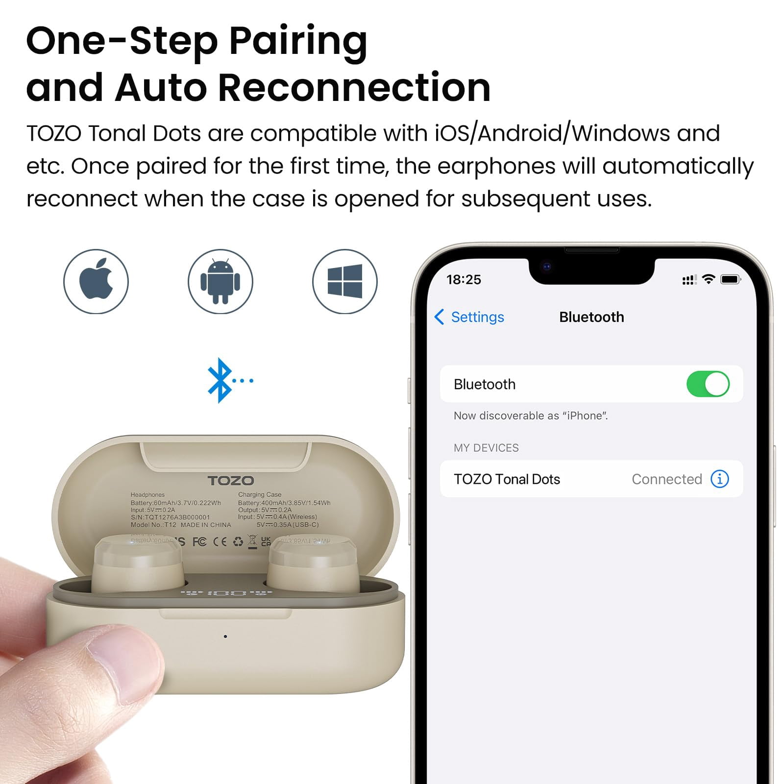 TOZO T12 Earbuds Wireless Bluetooth Headphones, 55H, ENC Noise Cancelling Mic, Premium Stereo Bass, Wireless Charge, IPX8 Waterproof, App-32EQ, LED Power Display, Champagne
