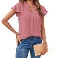 thumbnail image 2 of Women's Summer Blouses V Neck Swiss Dots Plain Work Tops Ruffle Short Sleeve Casual Comfy Loose Tunic Tops T Shirts, 2 of 7