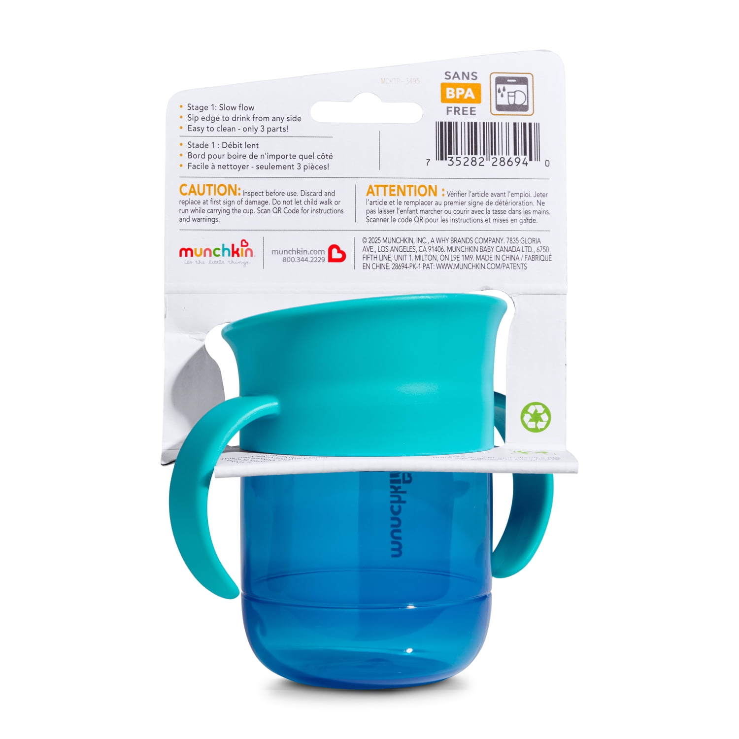 Munchkin Miracle 360 Toddler Sippy Cup with Spill-Proof Valve, Trainer Handles, 6+ Months, 7 oz, Dark Blue