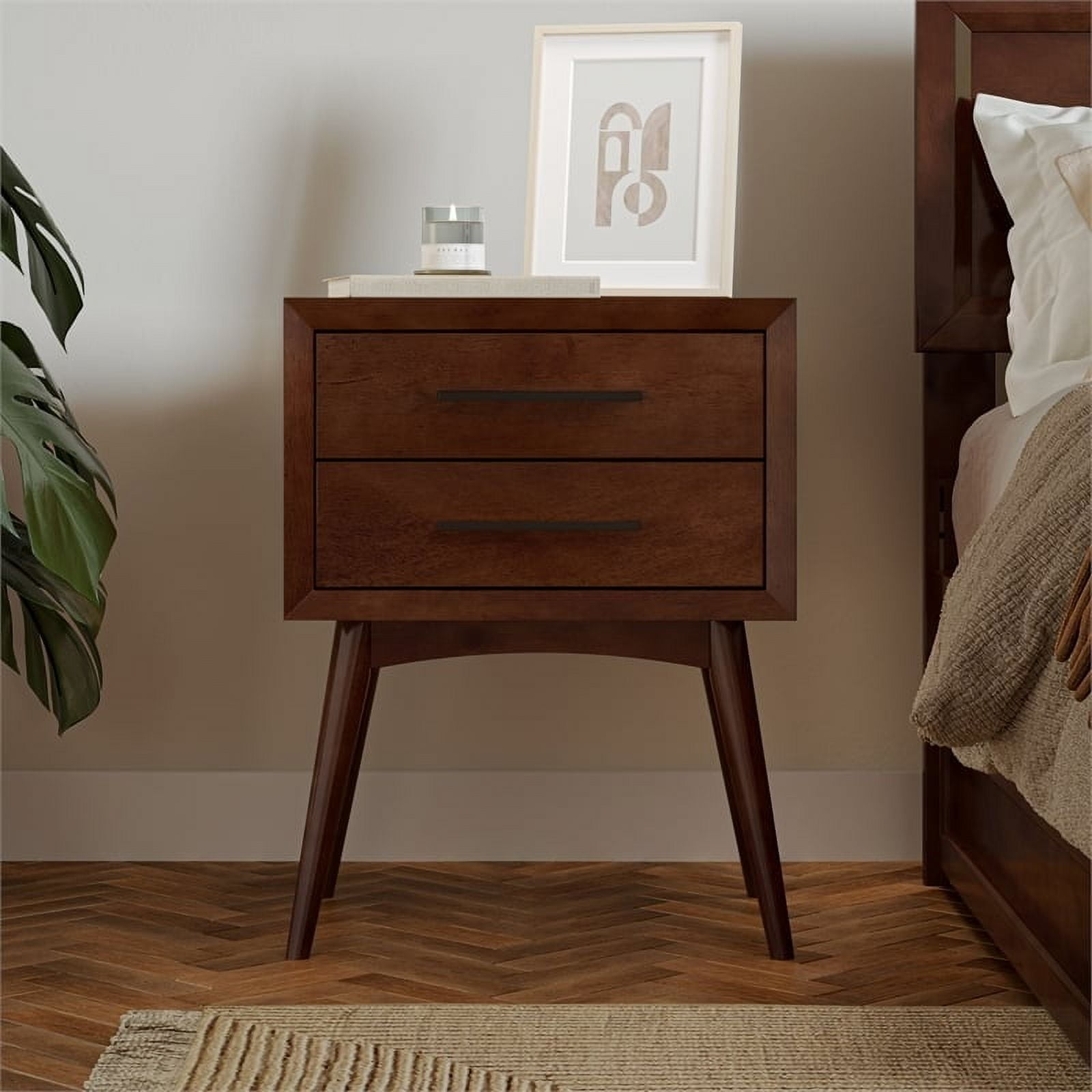 AFI Pasadena Solid Wood Mid-Century Modern Nightstand with 2 Drawers, Walnut