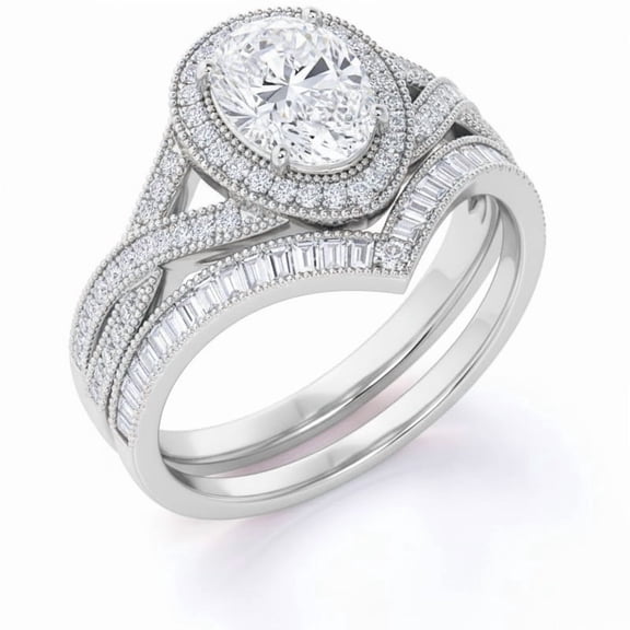 Jewelerix Oval Cut Moissanite Halo Engagement Ring Set in 14K White Gold Vermeil with Pavé & Baguette Accents, Bridal Ring Set