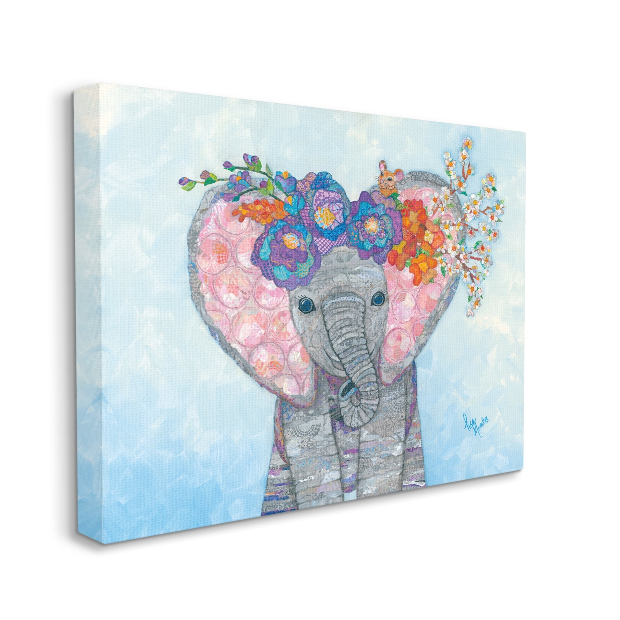 Stupell Industries Baby Elephant & Mouse Decorated Flower Blossoms Collage Painting Gallery Wrapped Canvas Print Wall Art, Design by Lisa Morales