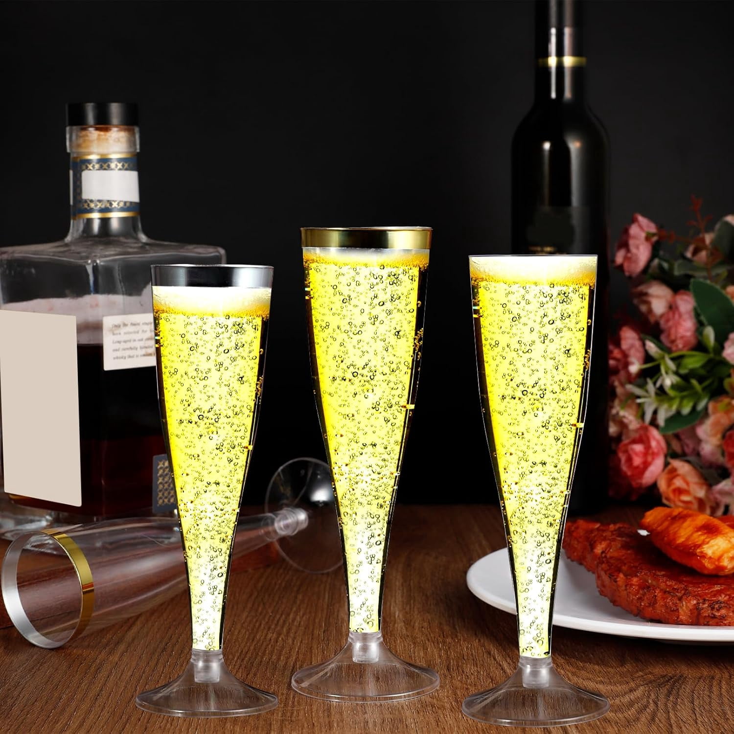 100 Pack Plastic Champagne Flutes,4.5 oz Gold Rim Plastic Champagne Glasses,Clear Disposable Champagne Flute,Disposable Toasting Glasses for Parties, Weddings