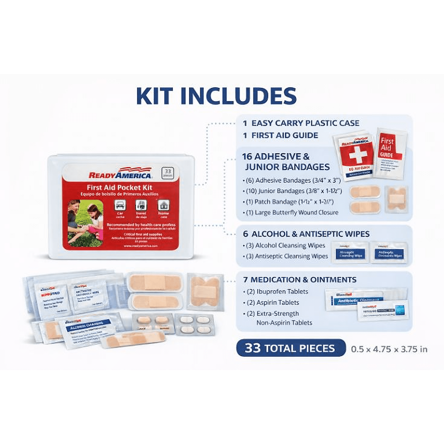 (4 pack) 33 Piece First Aid Pocket Kit, Ready America, approximate kit dimensions: 3.75 in. x 4.75 in. x .50 in.