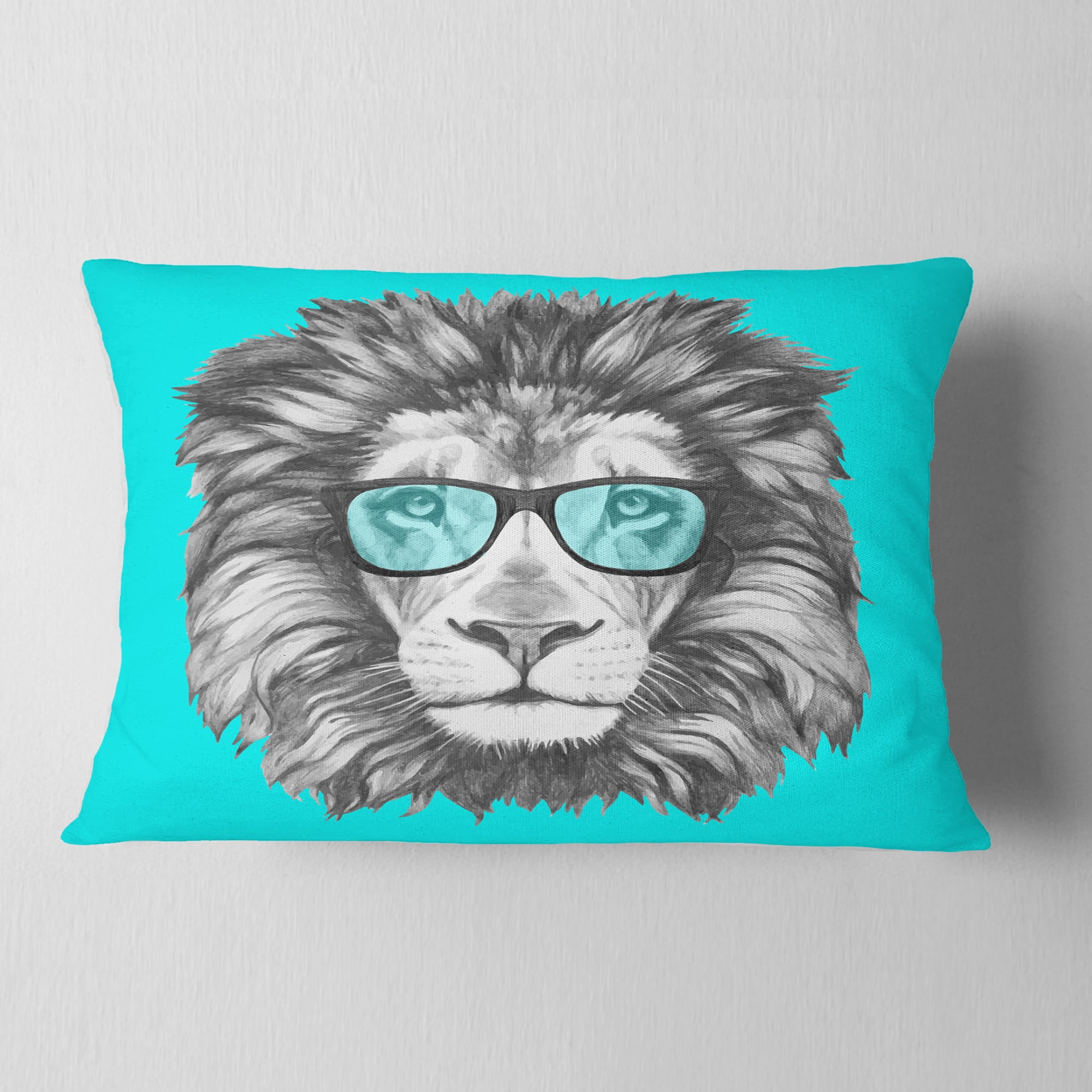 Designart Funny Lion with Blue Glasses - Animal Throw Pillow - 12x20