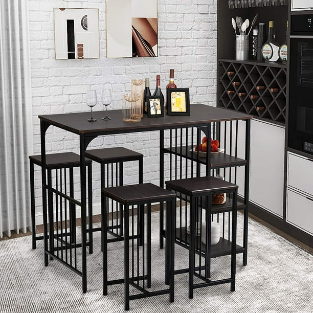 5 Piece Dining Bar Table Set Counter Height With 4 Pub Stool Modern Compact Breakfast Of 3 Storage Shelf Perfect For Small Kitchen Room Espresso Com Dining Bar Table Set Counter Height, Bar Height Dining Table Dimensions