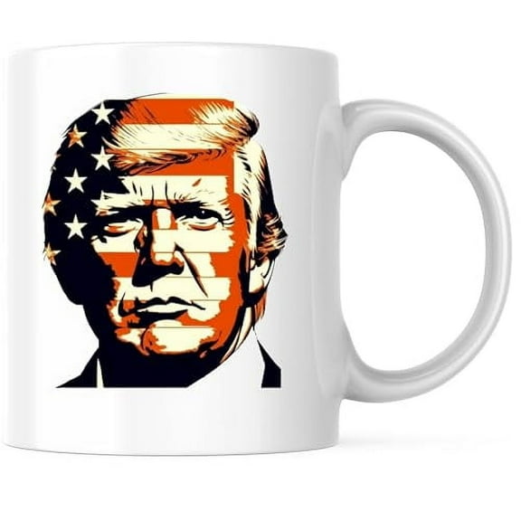 Trump American Flag Coffee Mug - Trump 2024 Mug - Trump for President - 11 Ounce Coffee Mug - Printed On Both Sides - Microwave & Dishwasher Safe - White Handle & Interior - BMCM00779