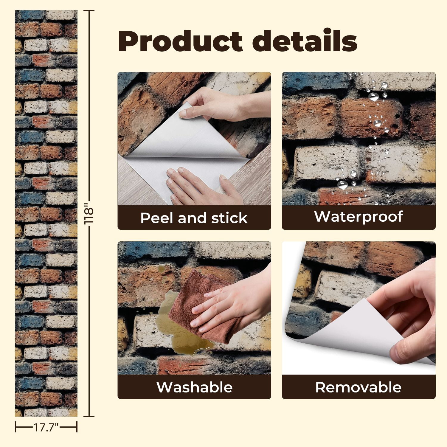 Industrial Peel and Stick Wallpaper 17.7in x 9.8ft Brick Wall Texture Multicolored Weathered Bricks Contact Paper Vinyl Waterproof Self Adhesive Wall Paper for Bedroom Shelf Cabinet Renter Friendly