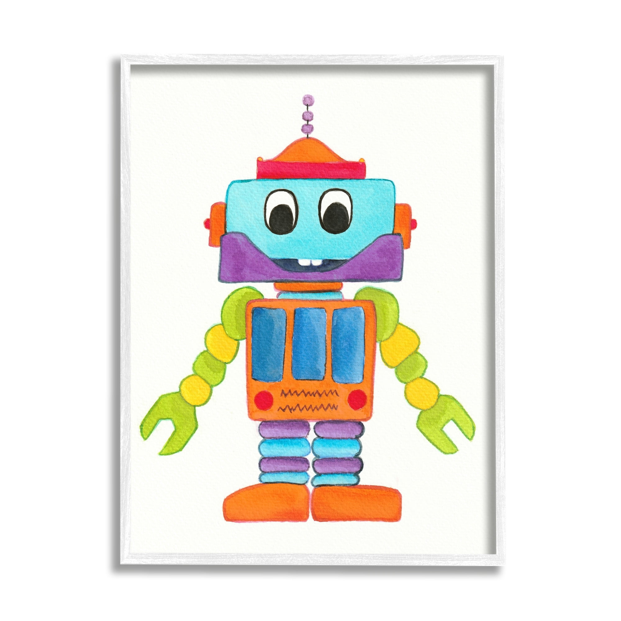 Stupell Industries Bold Smiling Robot Vivid Playful Kids Illustration Painting White Framed Art Print Wall Art, Design by Elvira Errico