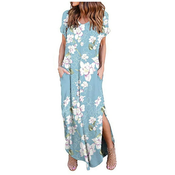 Leesechin Womens Dresses Plus Size V-Neck Striped Summer Floral Printing Short Sleeve Dress Casual Loose Dress