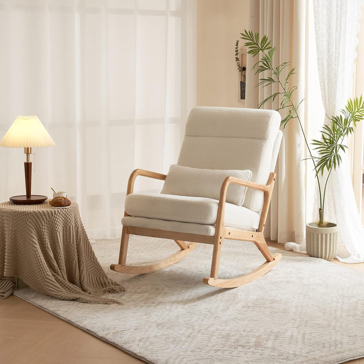 Nursery Rocking Chair Removable Glider Rocker High Backrest Rocking Armchair Mid-Century Accent Chair with Lumber Pillow for Bedroom, Living Room, Nursery, Creamy-White