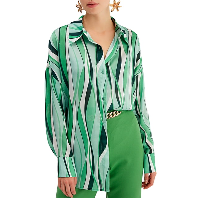 Blusas De Verano Blusas básicas de rayas verticales Camisa de corte holgado Traje diario para damas (Verde L) Cgtredaw Para estrenar