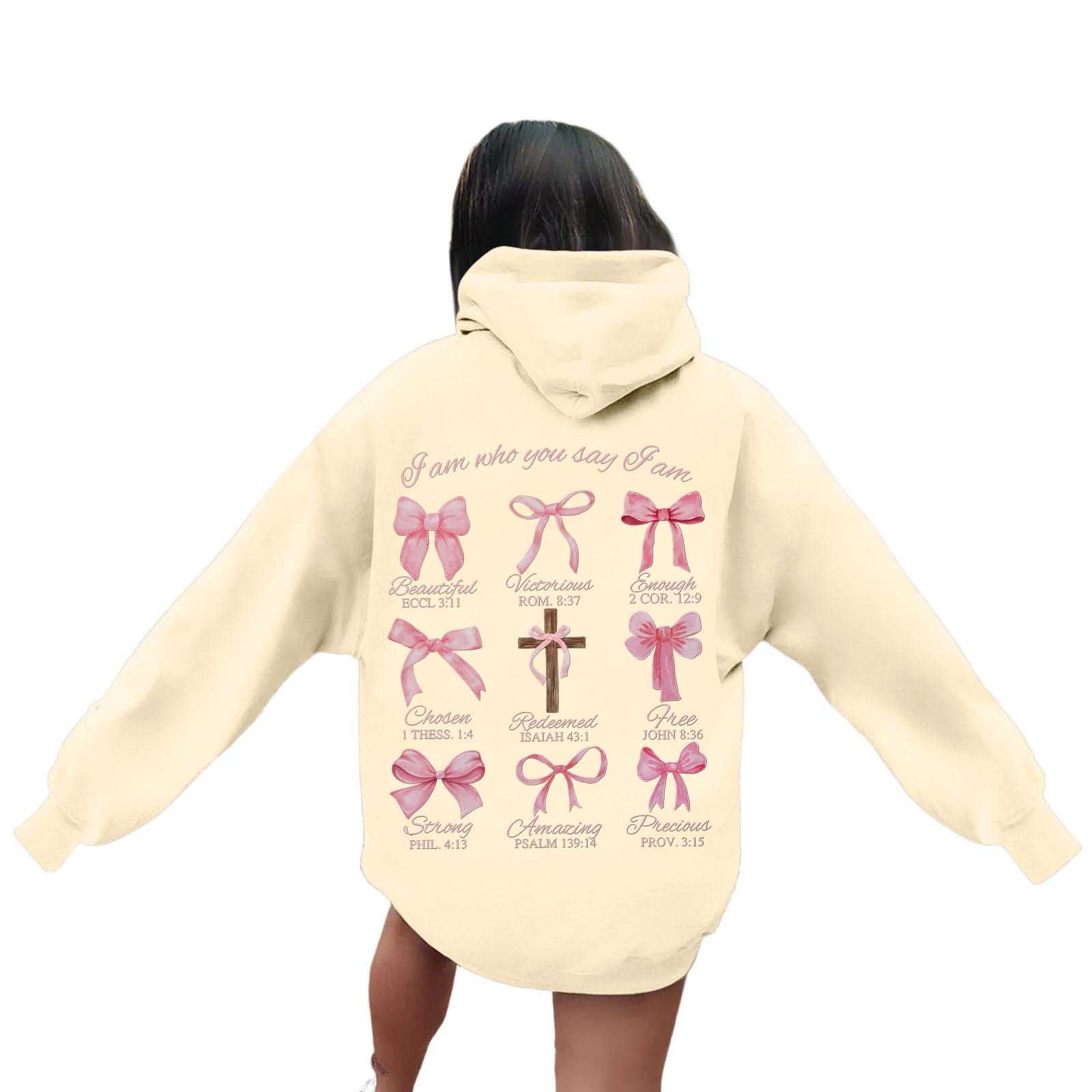XIAOCHA Womens Hoodies Long Sleeve Cross Pink Bows Print Hooded Sweatshirts Loose Fit Kangaroo Pocket Drawstring Pullover Hooded