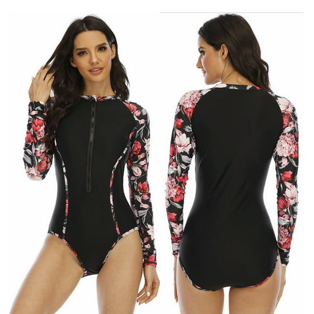 Women Rash Guard Long Sleeve One Piece Swimsuit Zipper Surfing Bathing