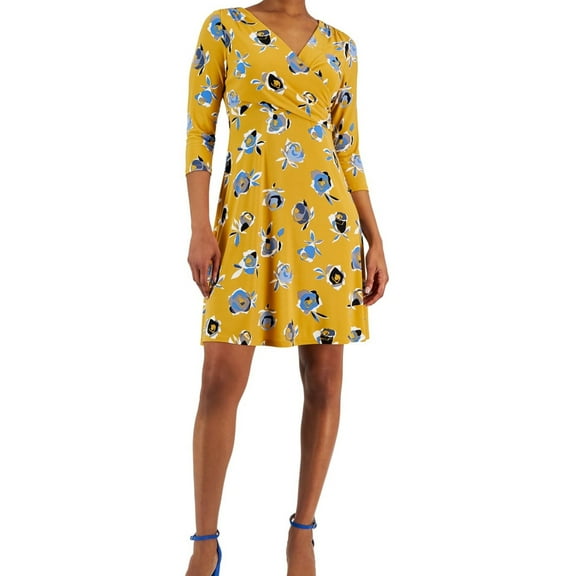 Kasper Womens Floral 3/4 Sleeve Fit & Flare Dress, Multicoloured, X-Large