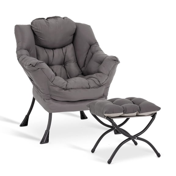 Lazy Chair with Ottoman, Modern Accent Leisure Upholstered Lazy Sofa Armchair, Contemporary Lounge Reading Chair with Armrests and a Side Pocket for Living Room, Bedroom & Small Space, Dark Grey