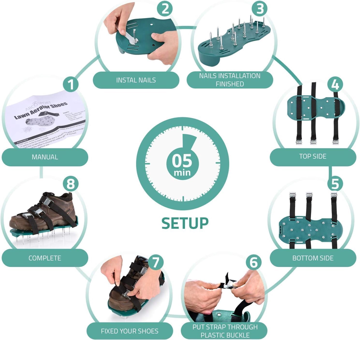 Lawn Aerator Shoes with 26 Spikes, Adjustable Sandals, 4 Straps