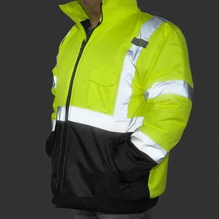 High Visibility Reversible Jacket - High Visibility Neon Green Safety Coat Jacket with Reflective Strips ANSI ISEA, Large