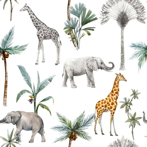 MuralsPrint Safari Animals and Palms Removable Wallpaper - 24'' inch x 10'ft