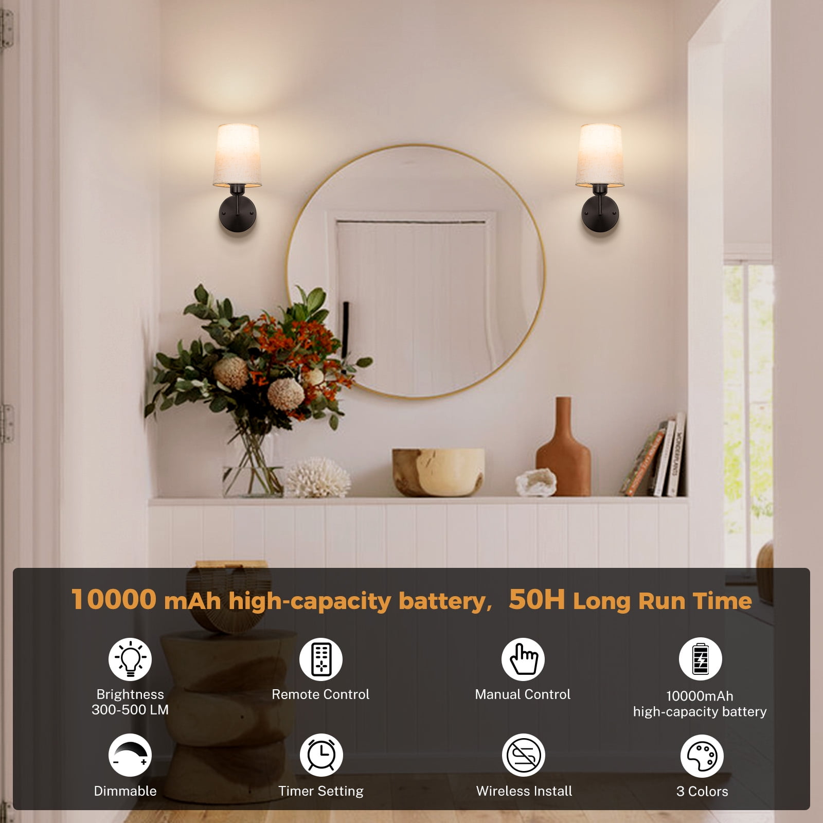 Wall Sconces Set of 2, Battery Operated Wall Lamp, Wireless Rechargeable Hallway Light with Remote, Dimmable Wall Light with Fabric Linen Shade for Bedroom Living Room