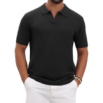 Men's Textured Knit Polo Shirt V Neck Short Sleeve Casual Golf Polo Shirt L Black