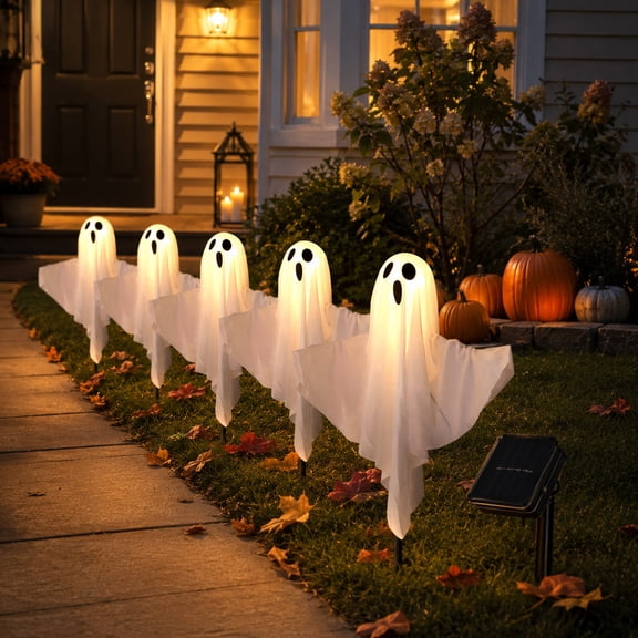 Outdoor Halloween Decorations Yard, Outdoor Ghost Decorations, Spooky Halloween Decorations, Halloween Pathway Lights, 5-Piece Lighted Ghost Led Garden Stake Lamp for Outside