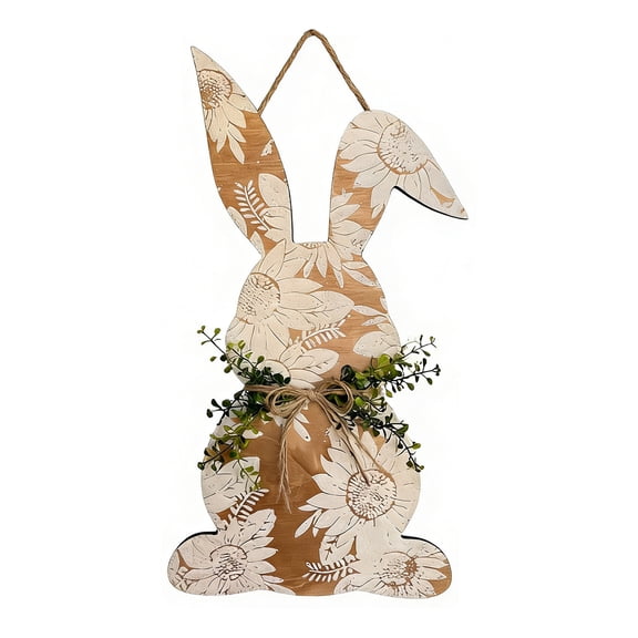 HuiXinOu Wooden Bunny Wall Art Decor, Rustic Farmhouse Carved Rabbit Shape Hanging Ornament for Living Room Bedroom Home Interior Decoration